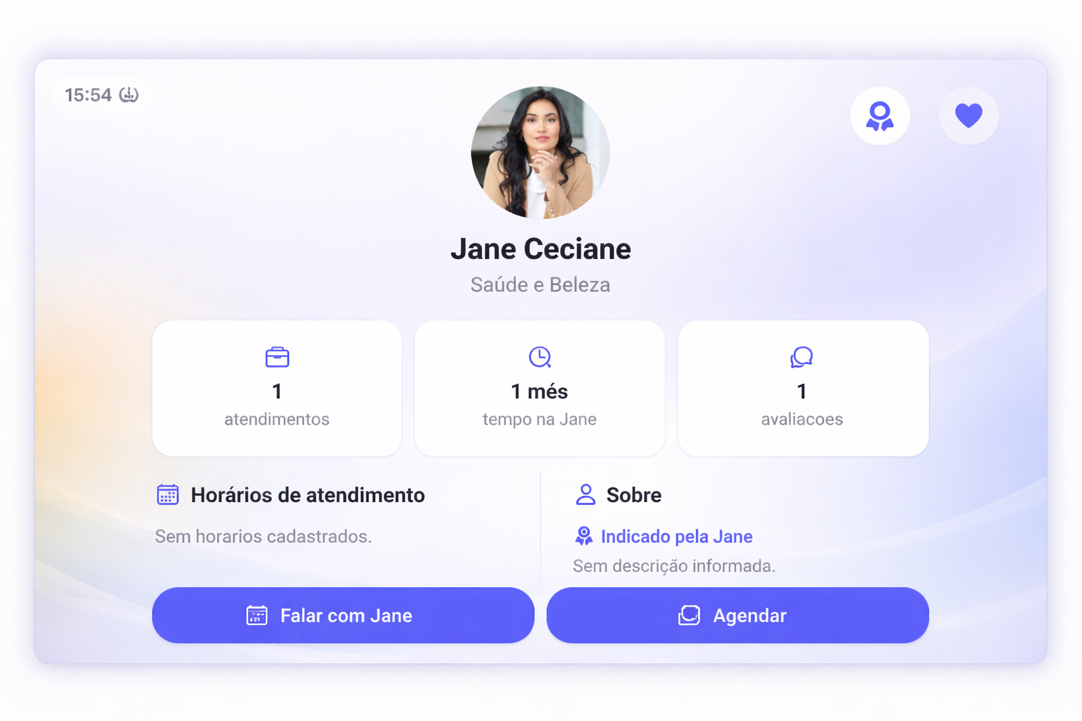 Detalhes de perfil profissional no app Jane
